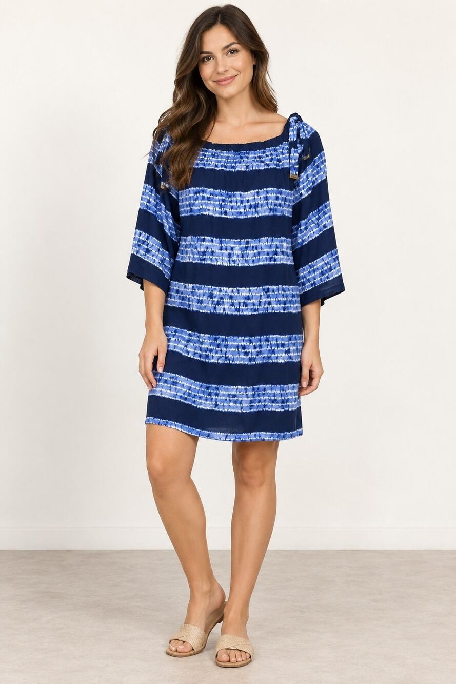 MICHAEL Michael Kors M Blue Tie Dye Off Shoulder Shift Tie Sleeve Dress Coastal
